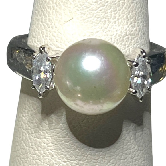 Vintage Sterling Silver Genuine  Pearl CZ Ring size 6.5 - Picture 4 of 10